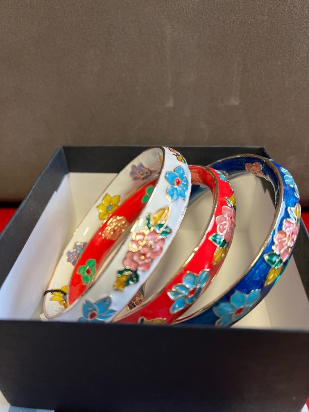 Hand-Painted Floral Enamel Bangle Set - Blue, Red, White - Picture 3 of 4